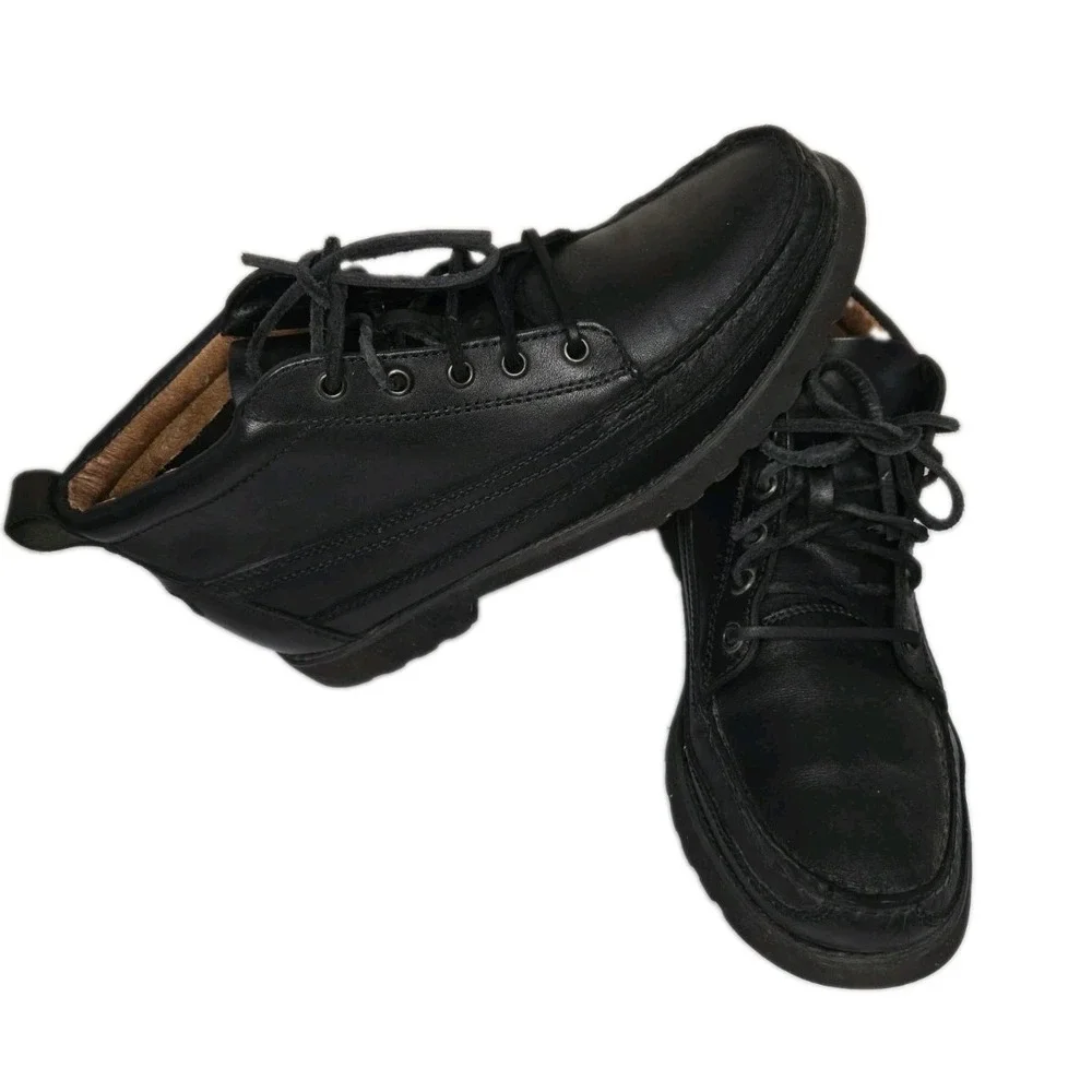 Rockport Mens Black Leather Boots Vibram Moc Toe Ankle Hikers Gorpcore Sz 9.5
